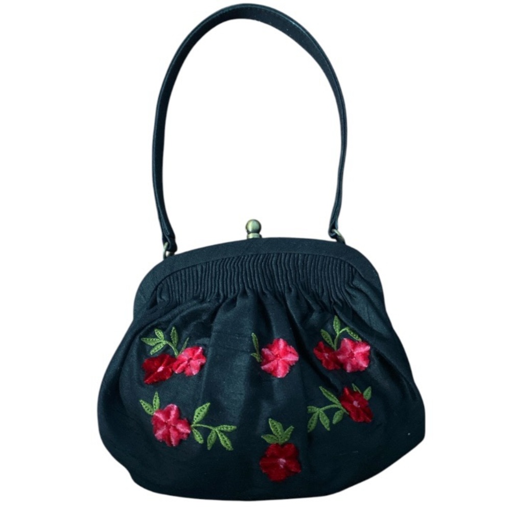 Talbots Black Silk Floral Embroidered Evening Bag | Vintage Party Purse | Small